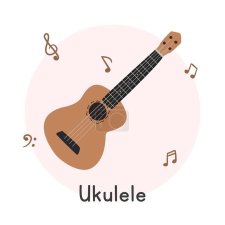 Illustration for Ukulele clipart cartoon style. Simple cute ukulele string instrument flat vector illustration. String instrument small guitar hand drawn doodle style. Brown ukulele vector design - Royalty Free Image
