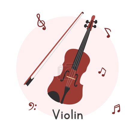 Illustration for Violin with bow clipart cartoon style. Simple cute brown violin string instrument flat vector illustration. Stringed instruments hand drawn doodle style. Violin vector design - Royalty Free Image