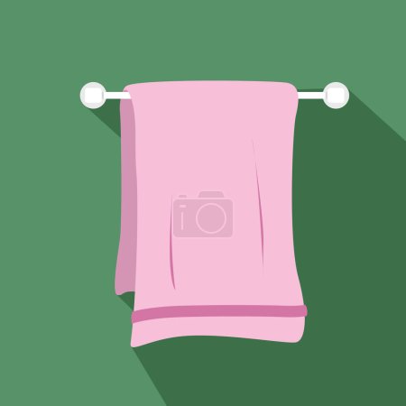 Badetuch mit langem Schatten in flacher Vektordarstellung. Einfaches Stofftuch für die Badewanne hängt auf Handtuchhalter Cliparts Cartoon-Stil, handgezeichnet Doodle-Stil. Niedliche Vektorillustration