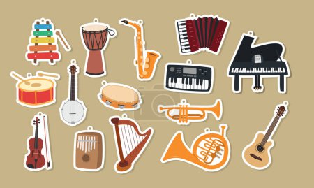 Instrumentos musicales clipart dibujos animados pegatinas conjunto. Xilófono, saxofón, tambor de caja, pandereta, piano, guitarra, violín, arpa, trompeta, pegatinas de acordeón diseño vectorial