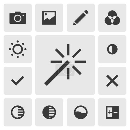 Illustration for Smart edit icon vector design. Simple set of photo editor app icons silhouette, solid black icon. Phone application icons concept. Adjust, filter, magic wand, camera, gallery, color, edit buttons - Royalty Free Image