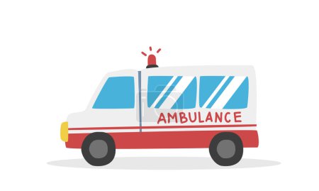 Ambulance clipart cartoon style. Simple emergency ambulance car flat vector illustration hand drawn color doodle style. Hospital, medical emergency concept