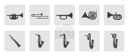 Blechbläser-Ikone gesetzt. Trompete, Posaune, Tuba, Bugle, Saxophon, Waldhorn Silhouette Zeichen Symbol Piktogramm Vektor Illustration
