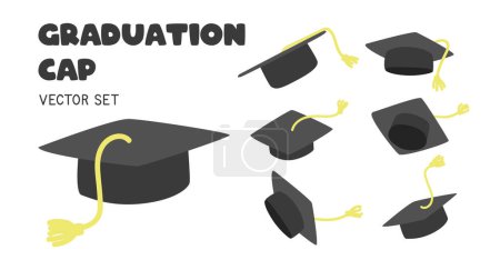 Illustration for Graduation cap clipart vector set. Set of graduation caps with different angles flat vector illustration cartoon style clip art hand drawn. Students, graduation celebration caps throwing up concept - Royalty Free Image