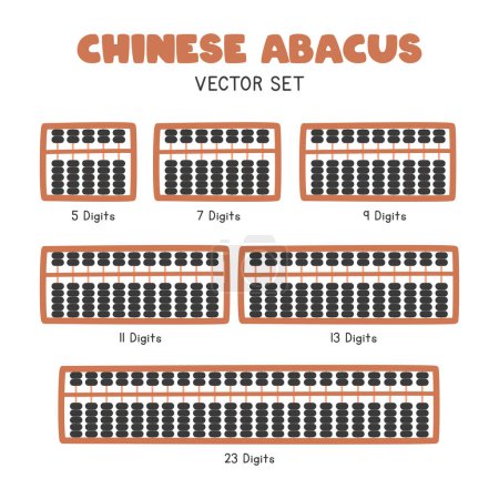 Illustration for Chinese Abacus clipart. Set of Chinese wooden abacus also known as Suanpan with different numbers of columns flat vector illustration clipart cartoon style. Math classroom, back to school concept - Royalty Free Image