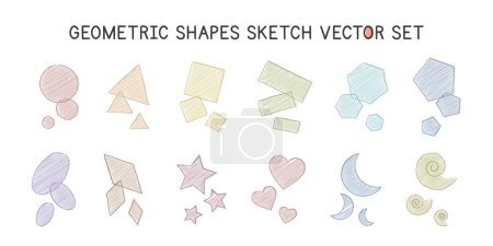 Illustration for Super simple geometric shapes sketch style vector design. Circle, triangle, square, rectangle, hexagon, pentagon, oval, diamond, star, heart, crescent, spiral. 2D shapes simple doodle drawings - Royalty Free Image