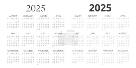 2025 Kalendervorlage mit Serif und Serif ohne Serif Textstile. Einfaches Layout-Vektordesign. Kalender für das Jahr 2025 Tabellen für 12 Monate. Modernes und elegantes Design