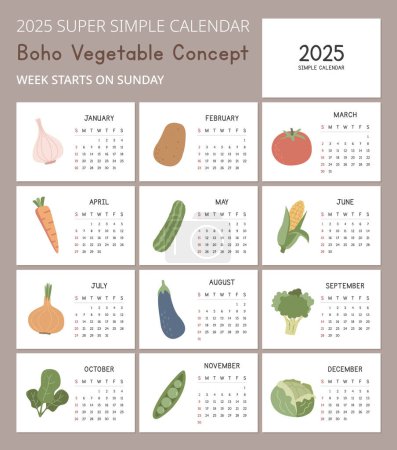 Plantilla de calendario simple 2025 con lindas ilustraciones de concepto vegetal. Diseño de vectores de diseño mínimo. Calendario para el año 2025 tablas para 12 meses. Diseño moderno y elegante para los amantes de las verduras