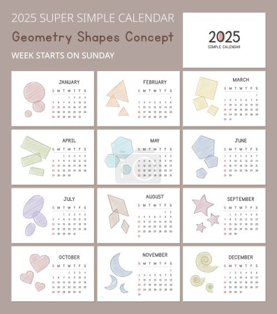 Einfache Kalendervorlage 2025 mit geometrischen Formen skizziert Konzeptillustrationen. Minimales Layout-Vektordesign. Kalender für das Jahr 2025 Tabellen für 12 Monate. Modernes und elegantes Design