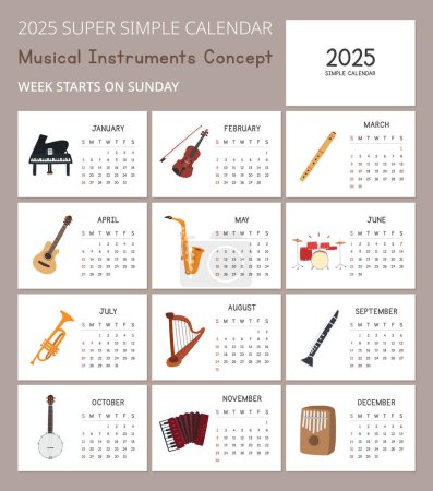Einfache Kalendervorlage 2025 mit niedlichen Musikinstrumenten-Illustrationen, Orchesterkonzept. Minimales Layout-Vektordesign. Kalender für das Jahr 2025 Tabellen für 12 Monate. Modernes und elegantes Design