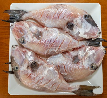Photo for Clean and seasoned Pero fish (Balistes capriscus) . Typical fish from the coast of Esprito Santo (Capixaba) Brazil, known as "peixe porquinho". Atlantic Ocean fish. - Royalty Free Image