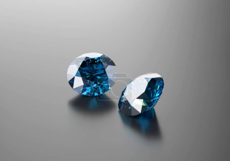 Blaue Diamanten Saphir Gem auf Reflexion Hintergrund 3D-Rendering platziert.