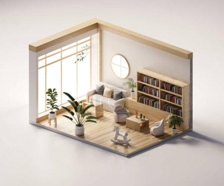 Isometrische Ansicht Wohnzimmer Muji-Stil offen im Inneren Innenarchitektur, 3D-Rendering digitale Kunst.