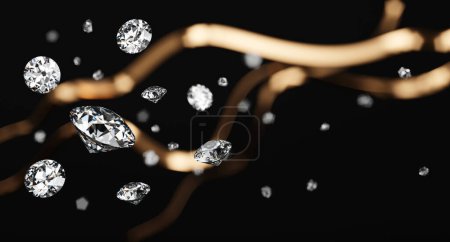 Foto de Grupo de diamantes blancos cayendo enfoque suave fondo bokeh 3d renderizado - Imagen libre de derechos