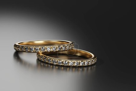 Foto de Oro Diamante anillos colocados sobre fondo brillante macro objeto 3d renderizado - Imagen libre de derechos