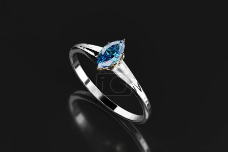 Téléchargez les photos : Silver Ring with Blue Marquise Diamond Placed on Glossy Background 3D Rendering - en image libre de droit