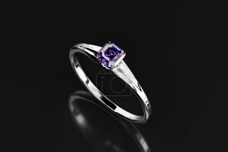 Foto de Silver Ring with Purple Asscher Diamond Placed on Glossy Background 3D Rendering - Imagen libre de derechos