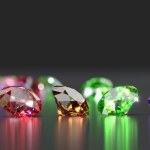 Colorful Gemstones placed on glossy reflection background, 3d rendering soft focus
