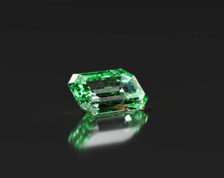 Green emerald isolated on glossy black background 3d rendering