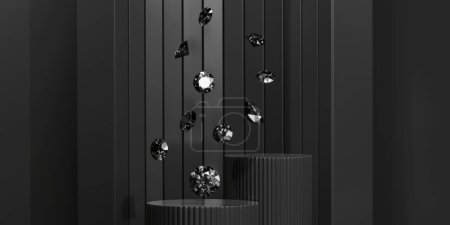 Photo for Black gemstone diamonds falling on black background 3d rendering - Royalty Free Image