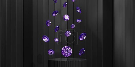 Amethyst purple gemstone diamonds falling on black background 3d rendering