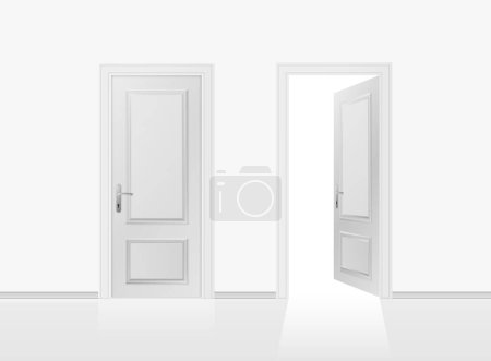 Ilustración de Open and closed the door on the gray wall background. Vector illustration. - Imagen libre de derechos