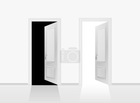 Ilustración de Two open doors on the gray wall background. Vector illustration. - Imagen libre de derechos