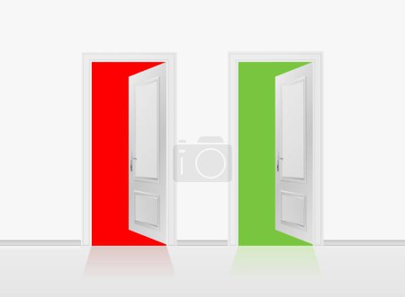 Ilustración de Two open doors on the gray wall background. Vector illustration. - Imagen libre de derechos
