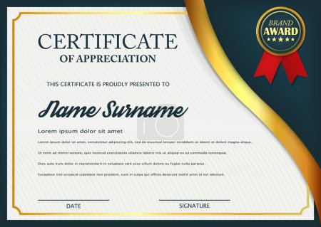 Photo for Creative certificate of appreciation award template. Certificate template design with best award symbol and blue and golden shapes and badge. Vector illustration. Eps 10. - Royalty Free Image