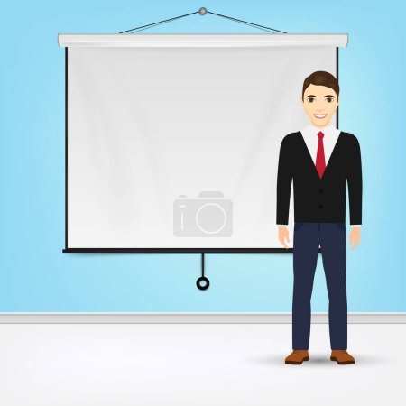 Illustration for Businessman giving presentation with projector screen white board. Presentation concept Vector illustration. Eps 10. - Royalty Free Image