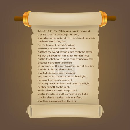Ilustración de Old scroll with Bible text. Parchment realistic. Vintage blank paper scroll isolated on white background. Vector illustration. Eps 10. - Imagen libre de derechos