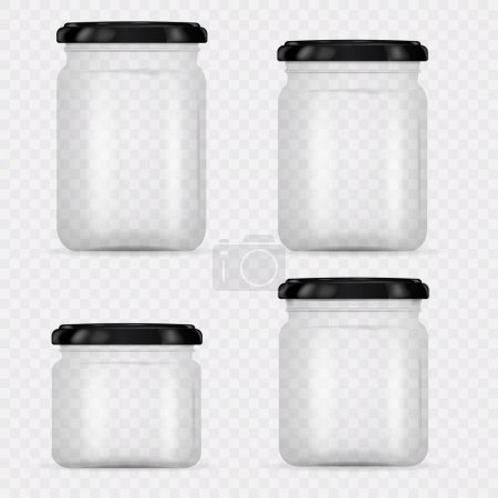 Ilustración de Set of Glass Jars for canning and preserving. Vector Illustration isolated on transparent background.Empty transparent glass jar with screw cap. Round Shape Glass Canister. Eps 10. - Imagen libre de derechos