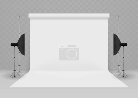 Empty photo studio with lighting equipment isolated on transparent background. Vector illustration. Eps 10.