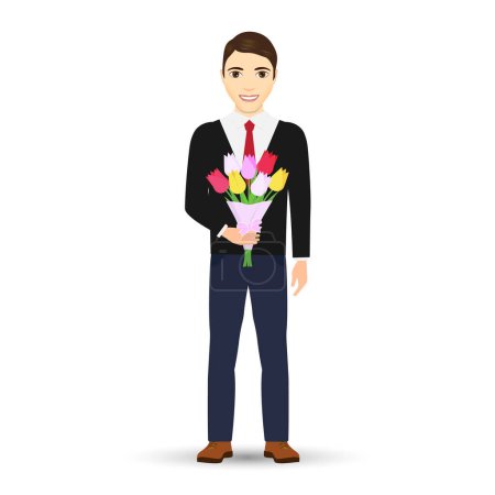 Illustration for A young man holding out large bouquet of tulips. Men with Flowers isolated on white background. Vector illustration. - Royalty Free Image
