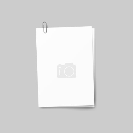 Realistic several sheets of paper and a metal paper clip isolated on background. 3d Vector illustration