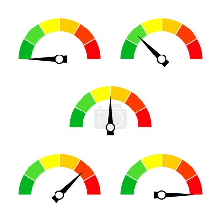 Ilustración de Speedometer icon or sign with arrow. Collection of colorful Infographic gauge element. Vector illustration. - Imagen libre de derechos