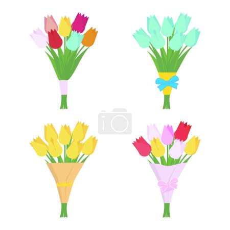 Téléchargez les illustrations : Set of tulip flowers bouquets isolated on white background. Flower arrangement. Vector illustration. - en licence libre de droit