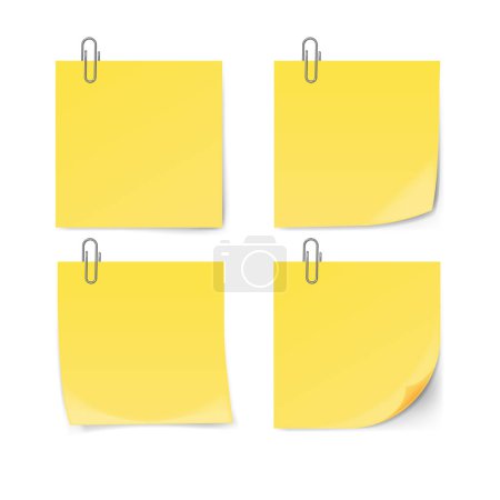 Illustration for Yellow sticky note with paper clip isolated on white background. Vector illustration. - Royalty Free Image