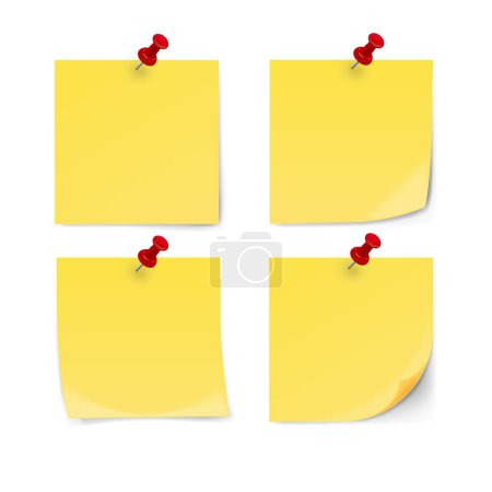 Téléchargez les illustrations : Yellow sticky note with pin clip isolated on white background. Vector illustration. - en licence libre de droit