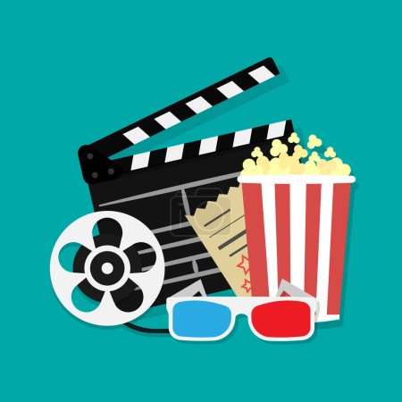 Big open clapper board Movie reel Cinema icon set. Movie and film elements in flat design. Cinema and Movie time flat icons with film reel, popcorn, 3d glasses, clapperboard. Vector illustration.