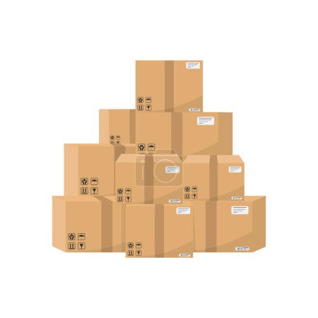 Pile of stacked cardboard boxes isolated on white background. Vector illustration. Eps 10.