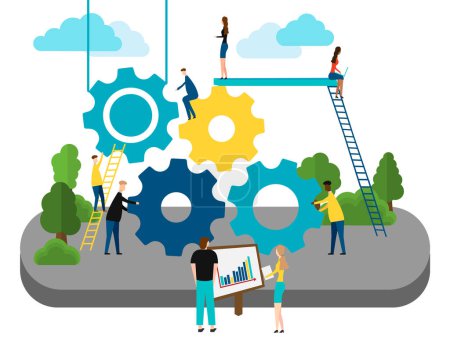 Ilustración de Concept of Teamwork, people building gear wheels. isolated on white background. Vector illustration. Eps 10. - Imagen libre de derechos