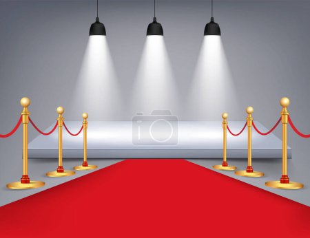 Ilustración de White round podium with red carpet and lights isolated on background. Vector illustration. Eps 10. - Imagen libre de derechos