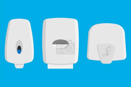 Set of dispensers paper towel, dispensers soap and hand dryer. Vector illustration. Eps 10.