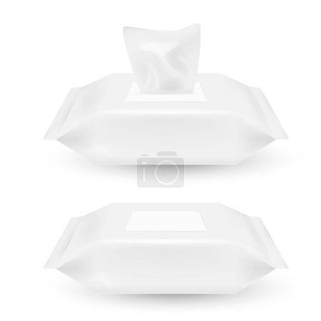 Ilustración de White open and closed plastic wrap for wet wipes isolated on white background. Vector illustration. Eps 10. - Imagen libre de derechos
