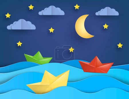 Téléchargez les illustrations : Origami boat sailing in blue ocean , paper art style. Vector illustration. Eps 10. - en licence libre de droit
