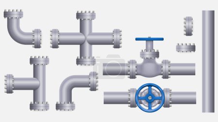 Collection of metal pipes. Steel pipelines, plastic tubes, valves and flanges, water drains. Connection system concept. Vector illustration. Eps 10.
