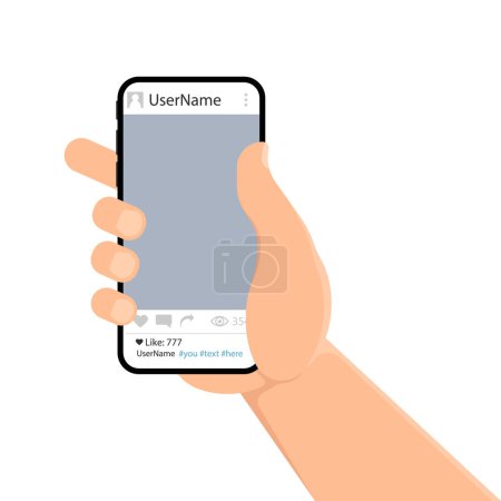 Male hand holding smartphone. Social media design concept. Vector illustration. Eps 10.