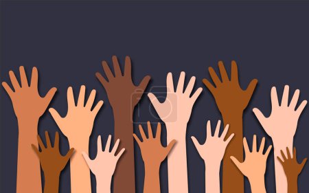Illustration for Multi-ethnic and Diverse Hands Raised Up. Charity, crowd, workforce, community concept. Vector illustration. Eps 10. - Royalty Free Image