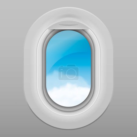 Téléchargez les illustrations : Realistic window of airplane. Sky with white clouds viewed from inside an airplane windows. Vector illustration. Eps 10. - en licence libre de droit